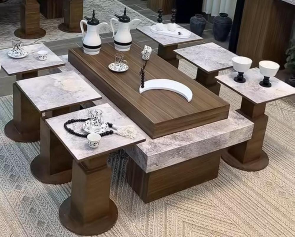 طاولة بديل الرخام مع 6 طاولات خدمة – تصميم فاخر